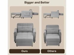 Clearance Sofá cama convertible de 1 plaza, sillón chaise longue, cojines ajustables, almacenamiento, ruedas, plegable AR22-G Gris claro