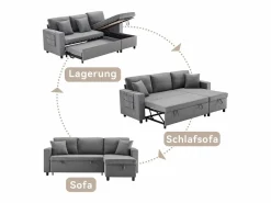 Outlet Sofá cama de 3 plazas en L con función de dormir - Chaise longue con almacenaje - Lino oscuro Todos Los Sofás|Sofá - 3 Plazas