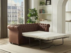 Vente-unique Sofá cama de 3 plazas en microfibra con aspecto de cuero envejecido CHESTERFIELD