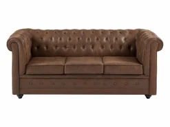 Vente-unique Sofá cama de 3 plazas en microfibra con aspecto de cuero envejecido CHESTERFIELD