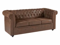 Vente-unique Sofá cama de 3 plazas en microfibra con aspecto de cuero envejecido CHESTERFIELD