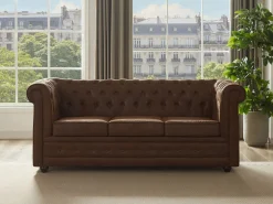 Vente-unique Sofá cama de 3 plazas en microfibra con aspecto de cuero envejecido CHESTERFIELD