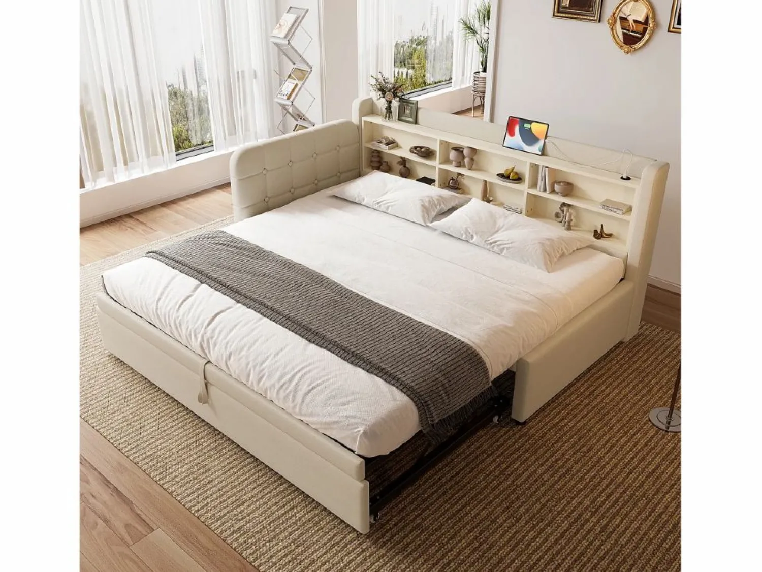OKWISH Sofá cama de 90/180 x 200 cm, color lino, extraíble con espacio de almacenaje y puerto USB (sin colchón) Beige