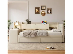 OKWISH Sofá cama de 90 x 200 cm, lino , cama para adulto con escritorio, 2 cajones y puerto USB (sin colchón)