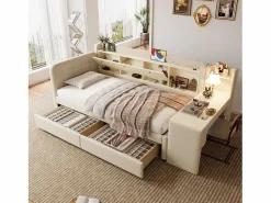 OKWISH Sofá cama de 90 x 200 cm, lino , cama para adulto con escritorio, 2 cajones y puerto USB (sin colchón)