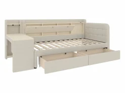 OKWISH Sofá cama de 90 x 200 cm, lino , cama para adulto con escritorio, 2 cajones y puerto USB (sin colchón)