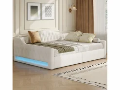 OKWISH Sofá cama de 140 x 200 cm, lino , canapé con tira de luz LED y somier (colchón no incluido)