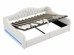 OKWISH Sofá cama de 140 x 200 cm, lino , canapé con tira de luz LED y somier (colchón no incluido)
