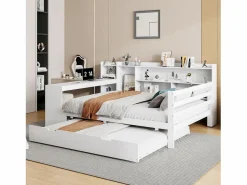 Hot Sofá cama de madera maciza 140x200 cm - con escritorio + librería - compartimentos de almacenamiento + estantes - con enchufes - con cama nido - blanco Cama Diván|Cama Nido