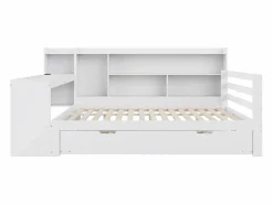 Hot Sofá cama de madera maciza 140x200 cm - con escritorio + librería - compartimentos de almacenamiento + estantes - con enchufes - con cama nido - blanco Cama Diván|Cama Nido