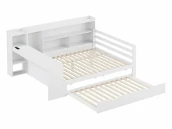 Hot Sofá cama de madera maciza 140x200 cm - con escritorio + librería - compartimentos de almacenamiento + estantes - con enchufes - con cama nido - blanco Cama Diván|Cama Nido