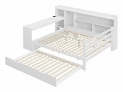 Hot Sofá cama de madera maciza 140x200 cm - con escritorio + librería - compartimentos de almacenamiento + estantes - con enchufes - con cama nido - blanco Cama Diván|Cama Nido