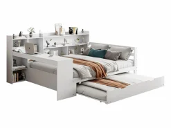 Hot Sofá cama de madera maciza 140x200 cm - con escritorio + librería - compartimentos de almacenamiento + estantes - con enchufes - con cama nido - blanco Cama Diván|Cama Nido