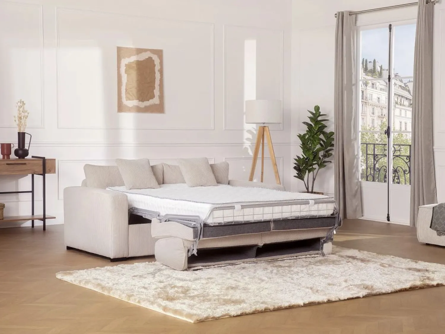 Vente-unique Sofá cama Express convertible en pana , cama de láminas de 160 cm, 16 cm de grosor, MONDOVI