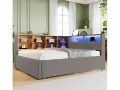 Best Merax Sofá cama extraíble tapizado - 140 x 200 cm + 90 x 190 cm - LED y enchufes - con almacenaje - Tejido de franela - claro Gris