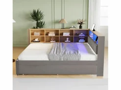 Best Merax Sofá cama extraíble tapizado - 140 x 200 cm + 90 x 190 cm - LED y enchufes - con almacenaje - Tejido de franela - claro Gris