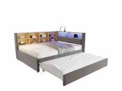 Best Merax Sofá cama extraíble tapizado - 140 x 200 cm + 90 x 190 cm - LED y enchufes - con almacenaje - Tejido de franela - claro Gris