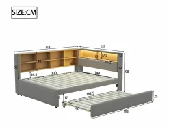 Best Merax Sofá cama extraíble tapizado - 140 x 200 cm + 90 x 190 cm - LED y enchufes - con almacenaje - Tejido de franela - claro Gris