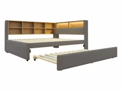 Best Merax Sofá cama extraíble tapizado - 140 x 200 cm + 90 x 190 cm - LED y enchufes - con almacenaje - Tejido de franela - claro Gris