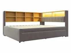 Best Merax Sofá cama extraíble tapizado - 140 x 200 cm + 90 x 190 cm - LED y enchufes - con almacenaje - Tejido de franela - claro Gris