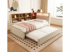 Hot Merax Sofá cama extraíble tapizado - 90 x 200 cm + 90 x 190 cm - LED y enchufes - con almacenaje - Tejido de franela - Beige