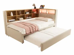 Hot Merax Sofá cama extraíble tapizado - 90 x 200 cm + 90 x 190 cm - LED y enchufes - con almacenaje - Tejido de franela - Beige