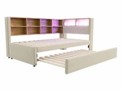Hot Merax Sofá cama extraíble tapizado - 90 x 200 cm + 90 x 190 cm - LED y enchufes - con almacenaje - Tejido de franela - Beige