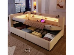 Sale Merax Sofá cama hidráulico con almacenaje para niños - 90 x 200 cm - con USB + Tipo C + LED + almacenaje - lino - Beige