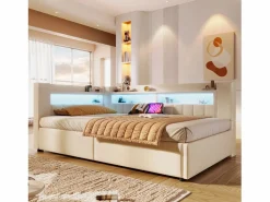 Sale Merax Sofá cama hidráulico con almacenaje para niños - 90 x 200 cm - con USB + Tipo C + LED + almacenaje - lino - Beige