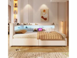 Sale Merax Sofá cama hidráulico con almacenaje para niños - 90 x 200 cm - con USB + Tipo C + LED + almacenaje - lino - Beige
