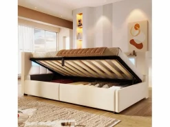 Sale Merax Sofá cama hidráulico con almacenaje para niños - 90 x 200 cm - con USB + Tipo C + LED + almacenaje - lino - Beige