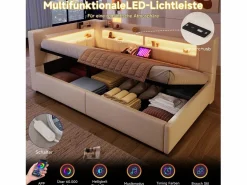 Sale Merax Sofá cama hidráulico con almacenaje para niños - 90 x 200 cm - con USB + Tipo C + LED + almacenaje - lino - Beige