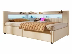 Sale Merax Sofá cama hidráulico con almacenaje para niños - 90 x 200 cm - con USB + Tipo C + LED + almacenaje - lino - Beige