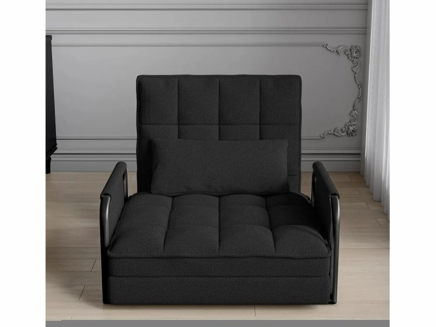 New Sofá cama individual convertible, sillón cama 4 en 1, 5 posiciones ajustables, cojín y reposabrazos de metal, lana de cordero, color Negro