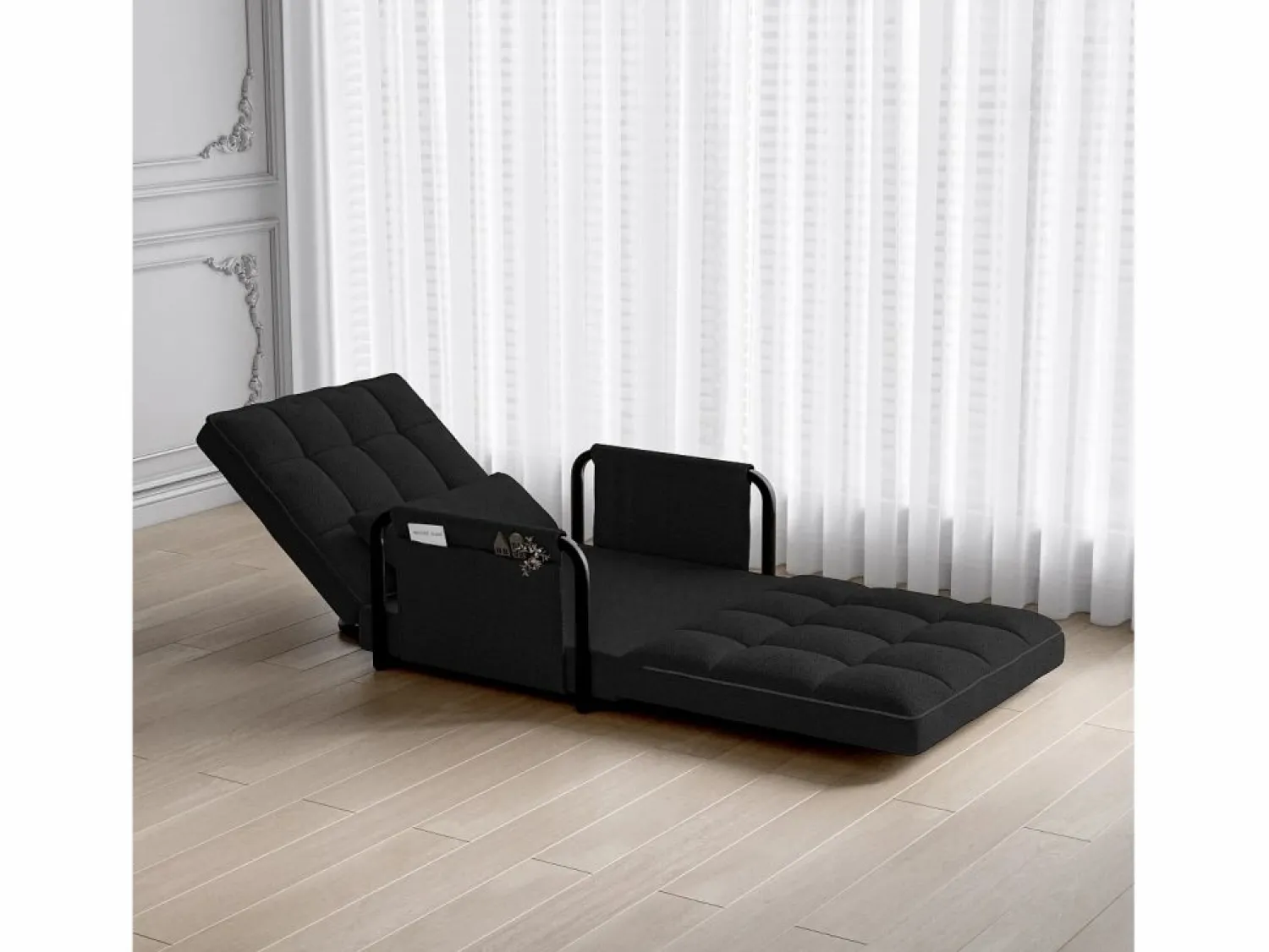 New Sofá cama individual convertible, sillón cama 4 en 1, 5 posiciones ajustables, cojín y reposabrazos de metal, lana de cordero, color Negro
