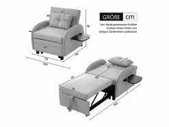 Clearance Sofá cama individual extraíble multifuncional: con función de cama, sillón y sillón, sofá cama ajustable en tres posiciones, mesas de té plegables Gris