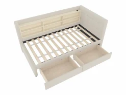 Hot Hauss Spole Sofá cama individual 90x200 cm con 2 cajones, USB + Tipo C y almacenaje, tejido lino Beige