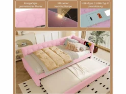 Outlet Merax Sofá cama infantil - 90 x 200 cm + 90 x 190 cm - con lámpara de noche + USB - terciopelo - Rosa