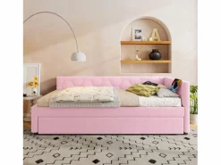 Outlet Merax Sofá cama infantil - 90 x 200 cm + 90 x 190 cm - con lámpara de noche + USB - terciopelo - Rosa