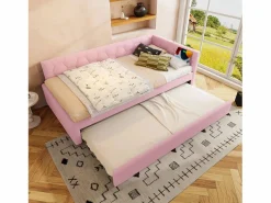 Outlet Merax Sofá cama infantil - 90 x 200 cm + 90 x 190 cm - con lámpara de noche + USB - terciopelo - Rosa