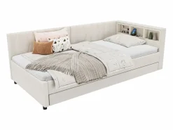 Sofá cama infantil - 90 x 200 cm - espacio de almacenaje sobre la cama - con USB + LED - con cama nido 90 x 190 cm - lino + MDF - Cama Diván