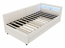 Sofá cama infantil - 90 x 200 cm - espacio de almacenaje sobre la cama - con USB + LED - con cama nido 90 x 190 cm - lino + MDF - Cama Diván