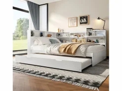 Clearance Merax Sofá cama infantil - 140 x 200 cm + 90 x 190 cm - cama nido - cabecero con almacenaje - madera + MDF - Blanco
