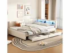 Merax Sofá cama infantil - 140 x 200 cm - cabecero con almacenaje + LED - 2 cajones - lino - Beige