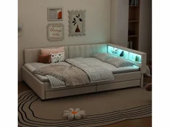 Merax Sofá cama infantil - 140 x 200 cm - cabecero con almacenaje + LED - 2 cajones - lino - Beige