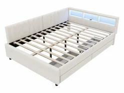 Merax Sofá cama infantil - 140 x 200 cm - cabecero con almacenaje + LED - 2 cajones - lino - Beige