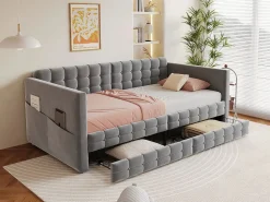 Discount Sofá cama infantil tapizado - 90 x 190 cm - con 2 cajones - terciopelo - Cama Diván