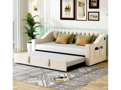 Outlet Hauss Spole Sofá cama infantil 90/180x190cm convertible en terciopelo , con puertos USB y toma de corriente, sin colchón Beige