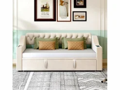 Outlet Hauss Spole Sofá cama infantil 90/180x190cm convertible en terciopelo , con puertos USB y toma de corriente, sin colchón Beige