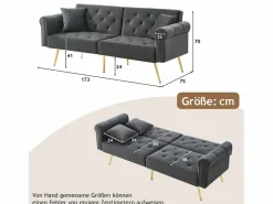 Merax Sofá cama moderno de 2 plazas – 173 x 75 x 70 cm – Respaldo regulable en 3 niveles + patas de metal dorado – Terciopelo –